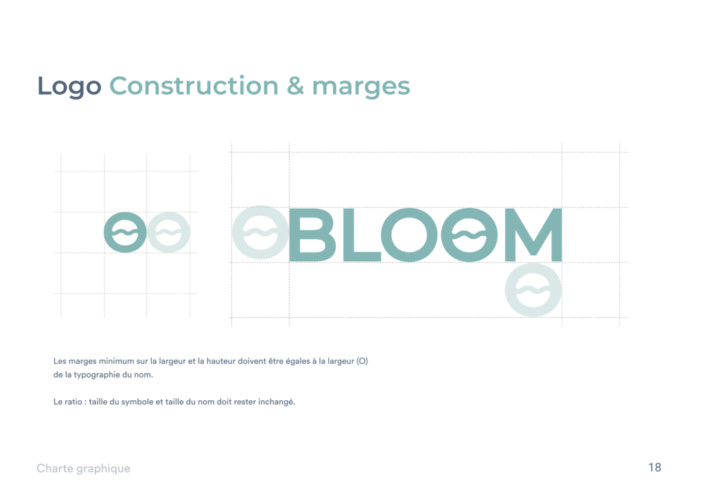 Visuel montrant les spécificité technique et trait de construction du logo bloom ainsi que les marges minimales à respecter pour son utilisation