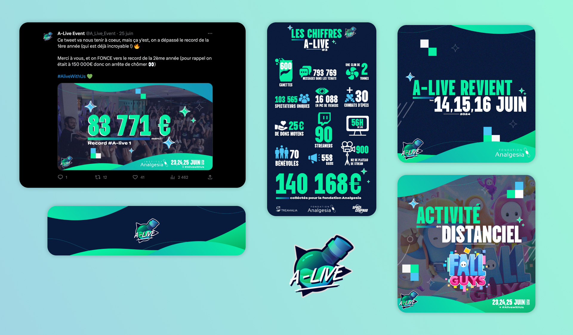 PLusieurs visuels de communication pour l'évenement a-live
